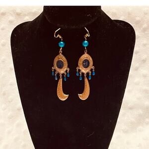 Vintage Boho Rose Gold, Blue Tones , Lightweight Metal Dangle Earrings-EXCELLENT